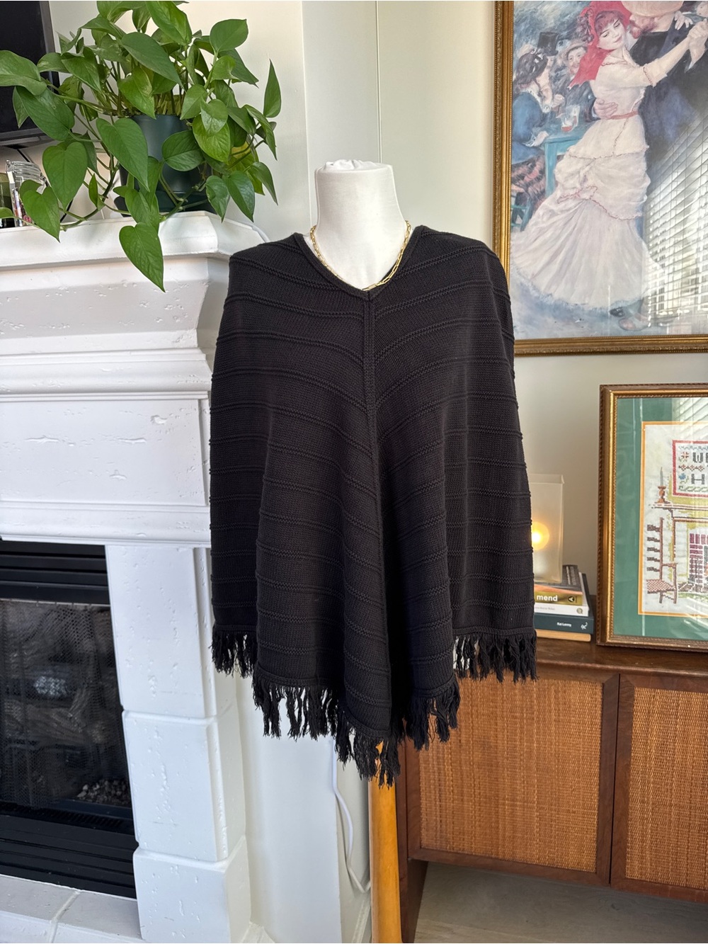 JEANNE PIERRE Black Fringed Poncho Sweater